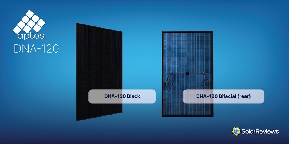 Photos of the Aptos DNA-120 Black and DNA-120 Bifacial panels on a blue background