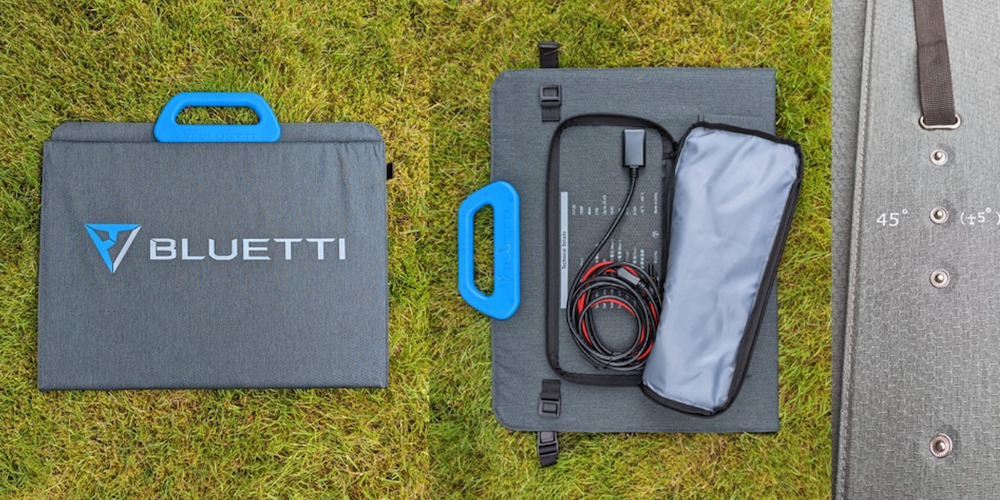 Features of the Bluetti PV120 solar panel: fully folded, zippered pouch with wires, adjustable leg.