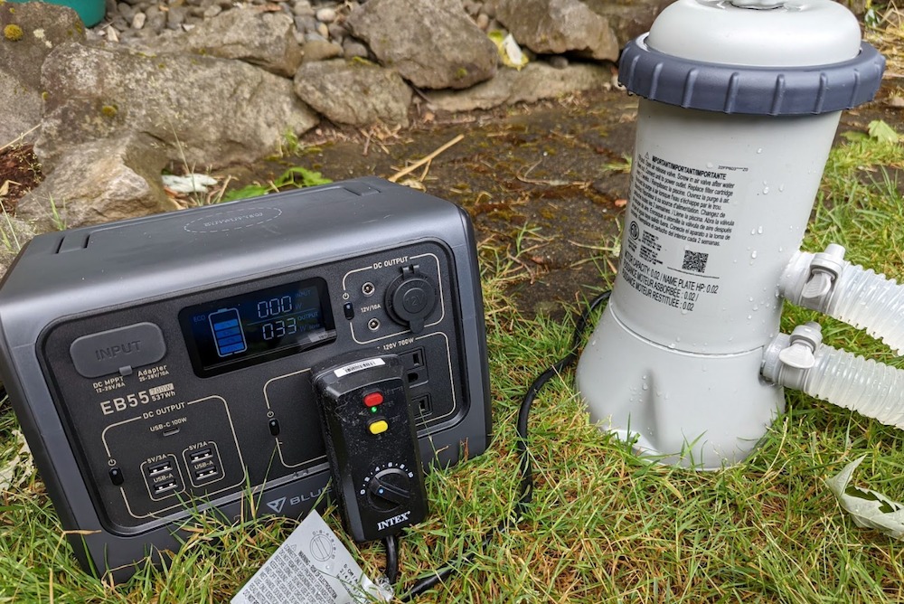 The Bluetti EB55 running a pool pump.