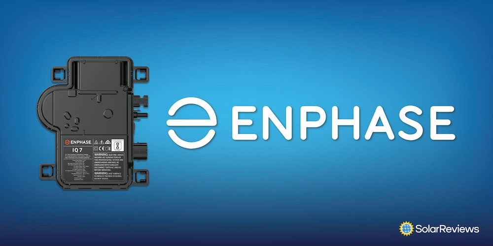 A photo of an Enphase microinverter on a blue background next to the Enphase logo