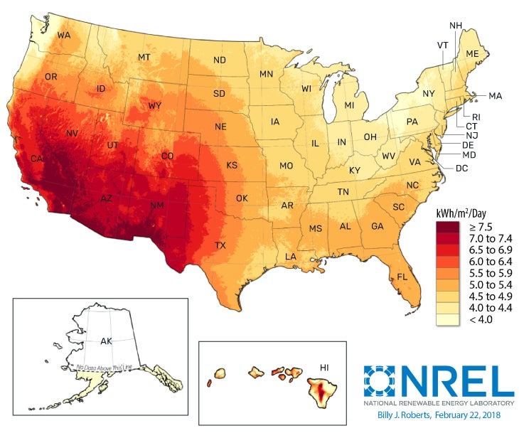 map of solar irradiance in the us