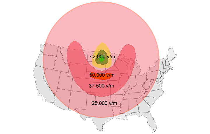 Map that shows how a single nuclear EMP could cover nearly the entire United States with up to 25,000 volts per meter