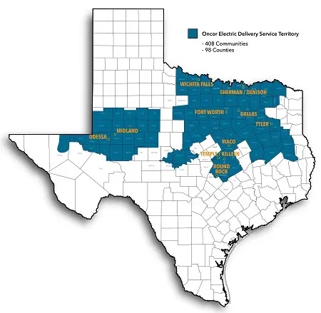 Map of Texas with counties serviced by Oncor Electric highlighted in blue