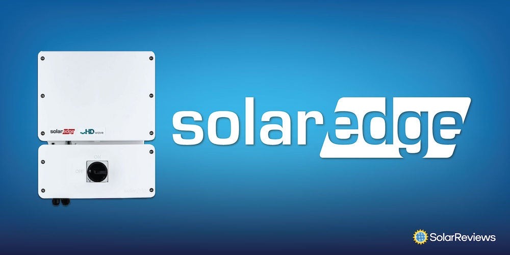 A photo of an SolarEdge inverter on a blue background next to the SolarEdge logo