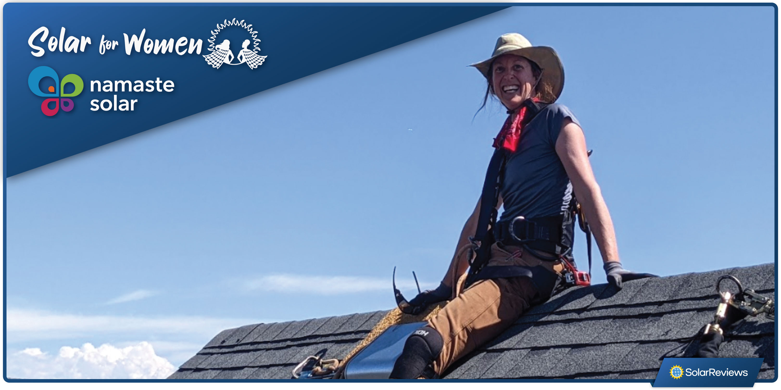 Female solar installer on a roof featuring the Namaste Solar company logo