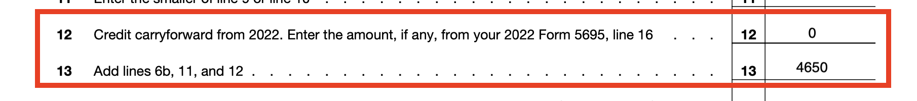 Screenshot of 2023 Form 5695 lines 12 and 13