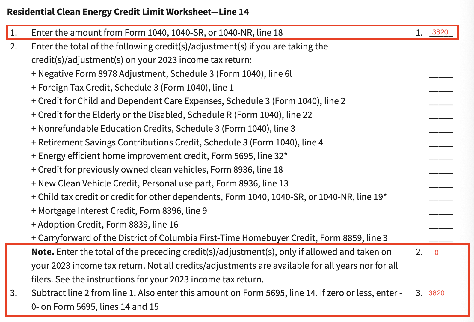 Screenshot of the 2023 Form 5695 line 14 worksheet