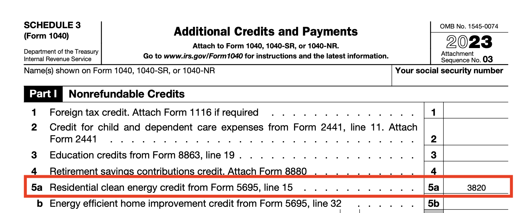 Screenshot of 2023 Form 1040 Schedule 3 line 5a